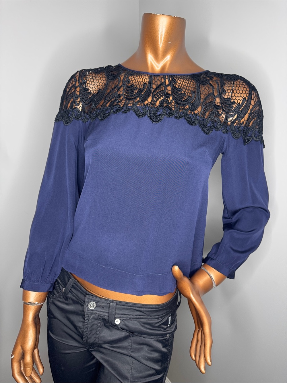 The Letter Navy Lace Yoke Blouse